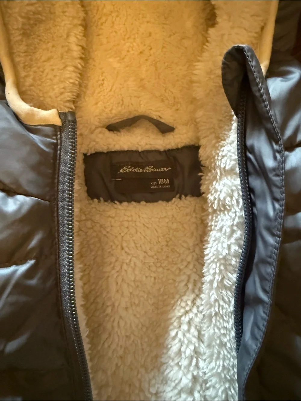 Eddie Bauer Gray Quilted Kids One-Piece Snowsuit with Sherpa Hood